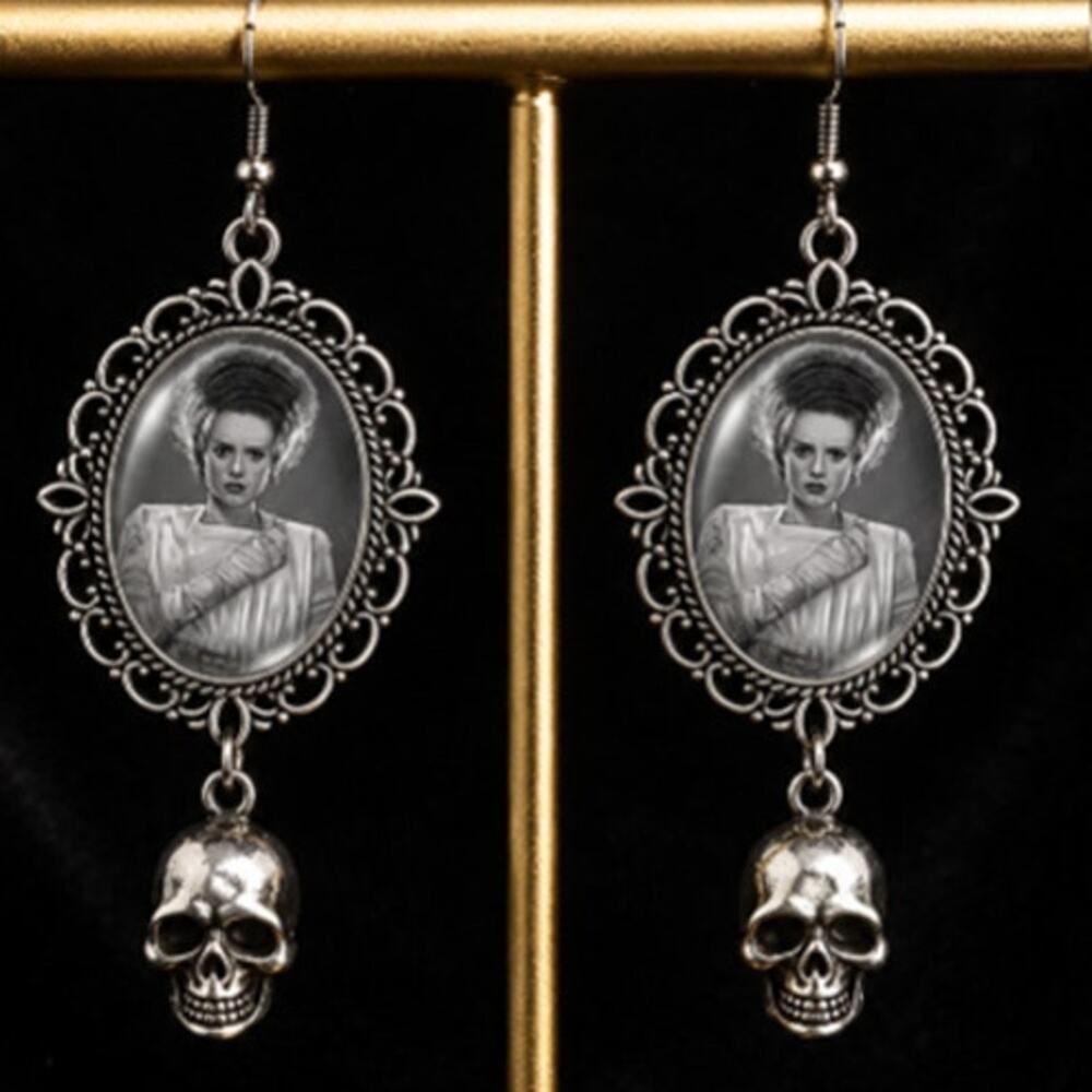 Bride of Frankenstein Earrings Framed Cabochons of Bride with Skull Dangles